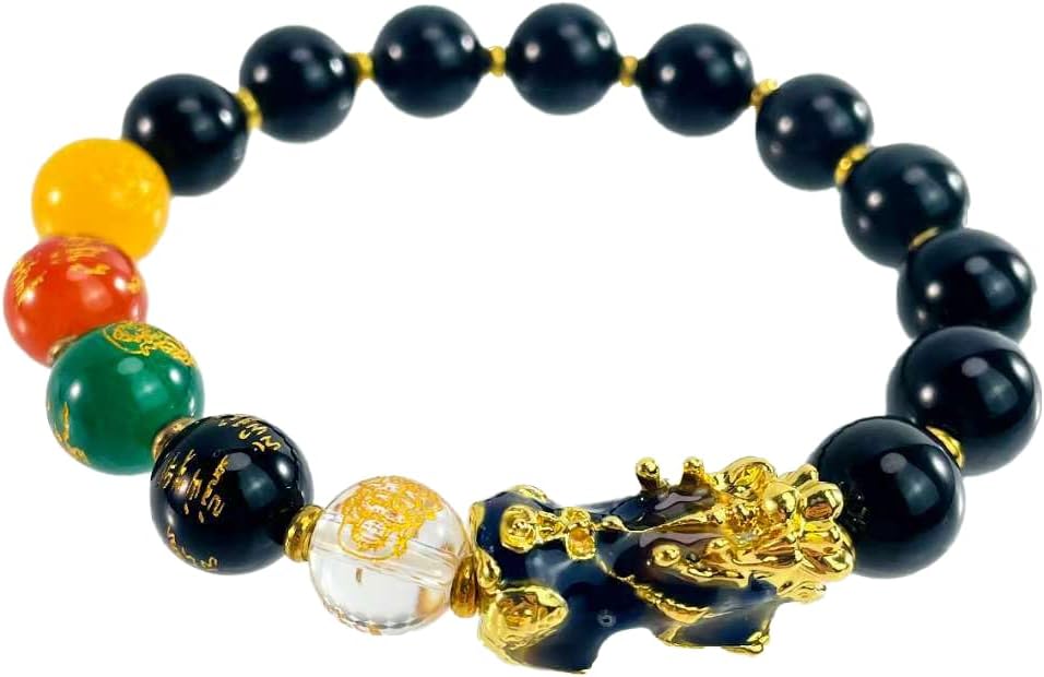 10MM Obsidian stone paired with Pixiu Five Road God of Wealth bracelet-Adjustable Stretch Crystal Je